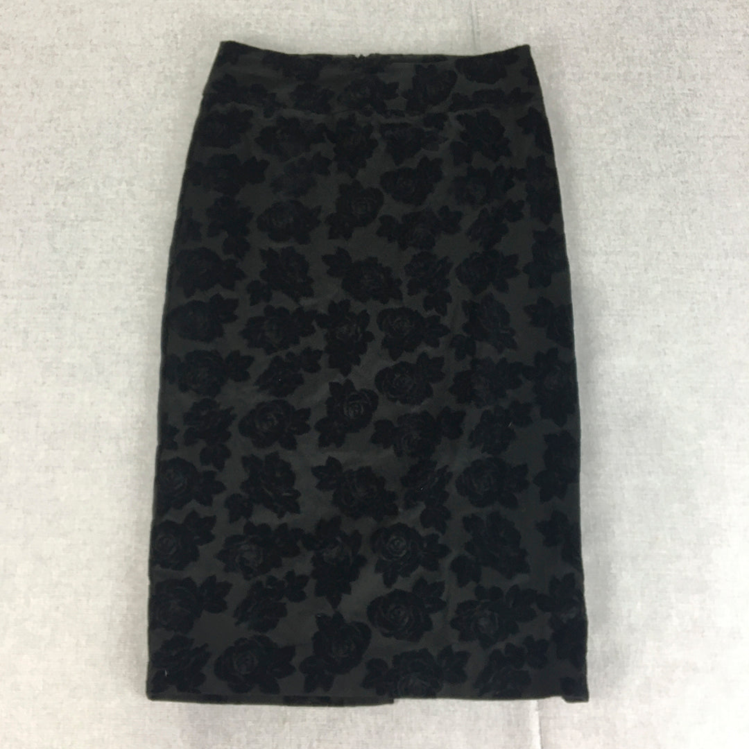 Review Womens Midi Skirt Size 6 Black Floral Straight