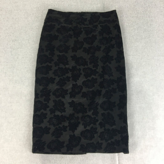 Review Womens Midi Skirt Size 6 Black Floral Straight