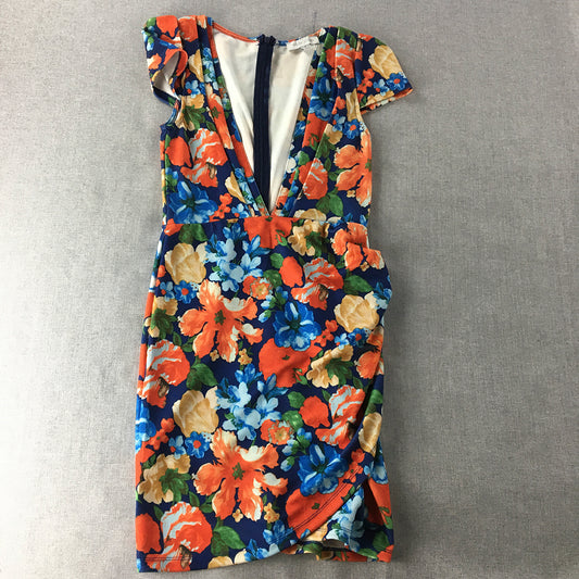 White Closet Womens Mini Dress Size 8 Orange Blue Floral Straight Pencil V-Neck