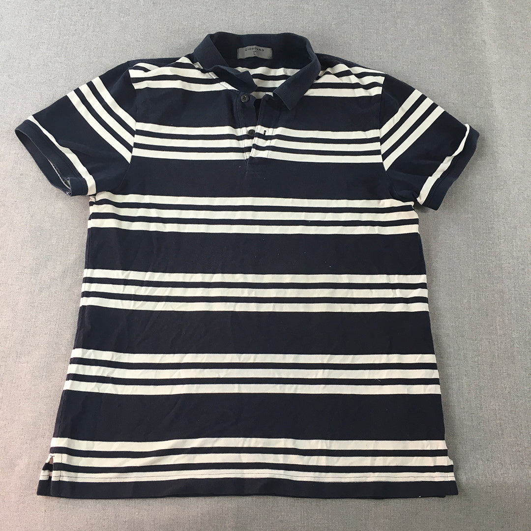 Giordano Mens Polo Shirt Size L Navy Blue White Striped Collared Rugby