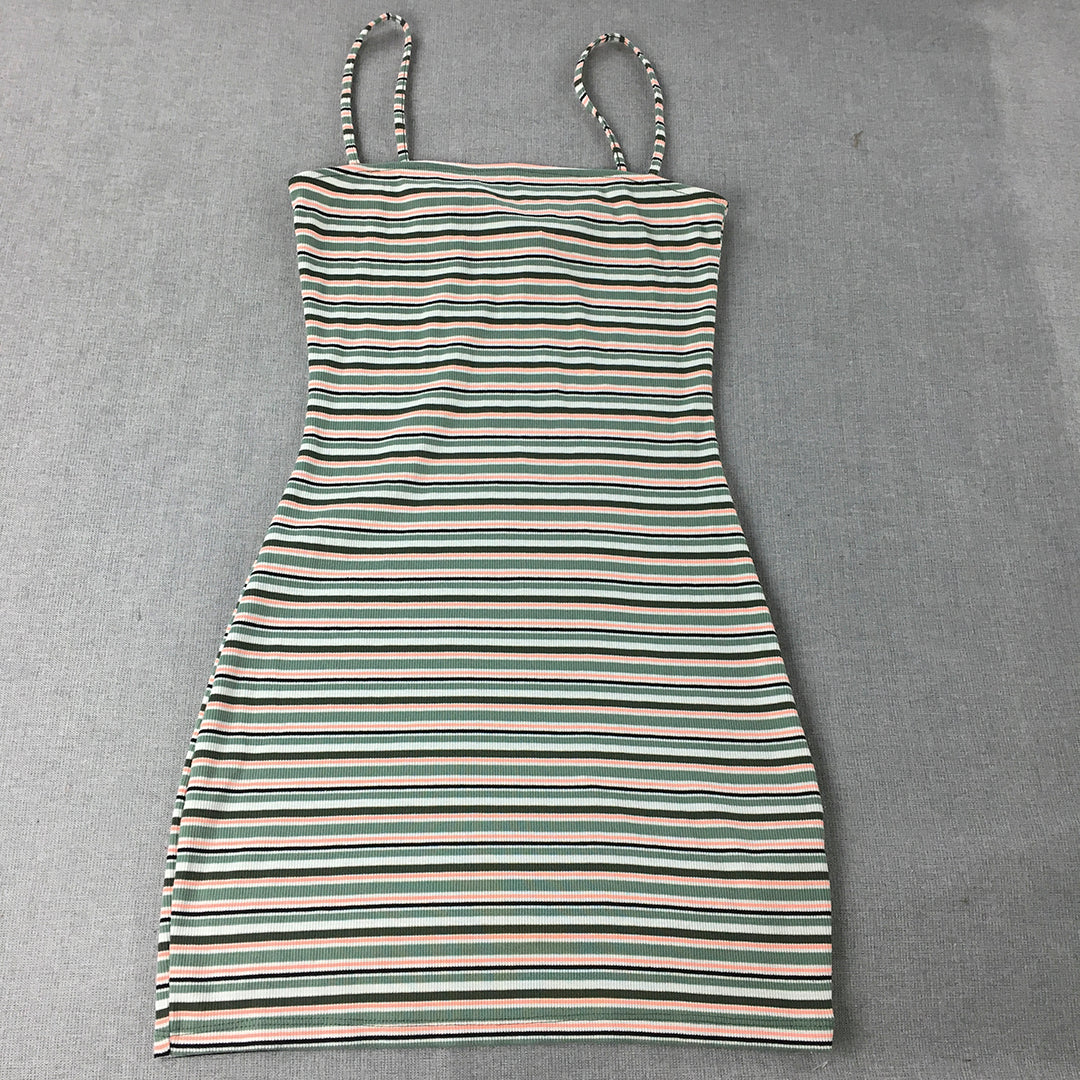 H&M Womens Bodycon Dress Size S Green Striped Stretch Knit Mini Spaghetti Strap