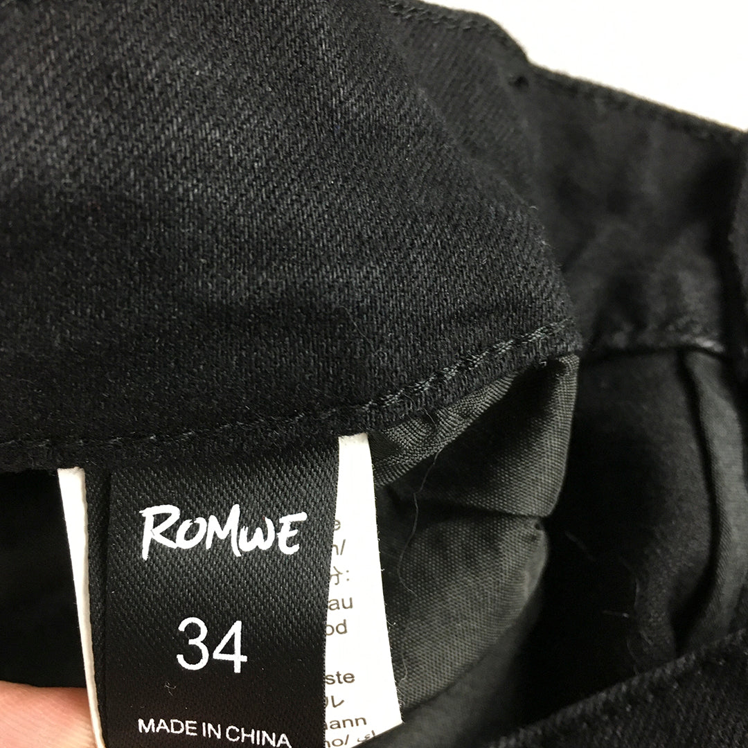 Romwe Skinny Jeans Size 34 Black Dark Wash Ripped Stretch Denim