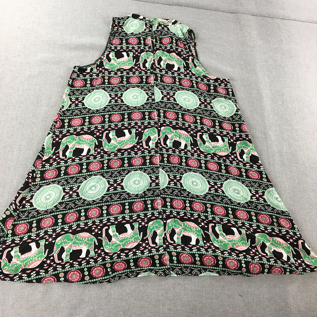 Chic Lady Womens A-Line Dress Size 16 Black Green Elephant Mini Sleeveless