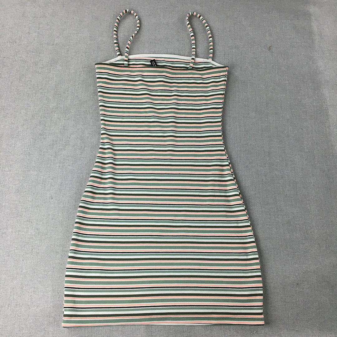 H&M Womens Bodycon Dress Size S Green Striped Stretch Knit Mini Spaghetti Strap