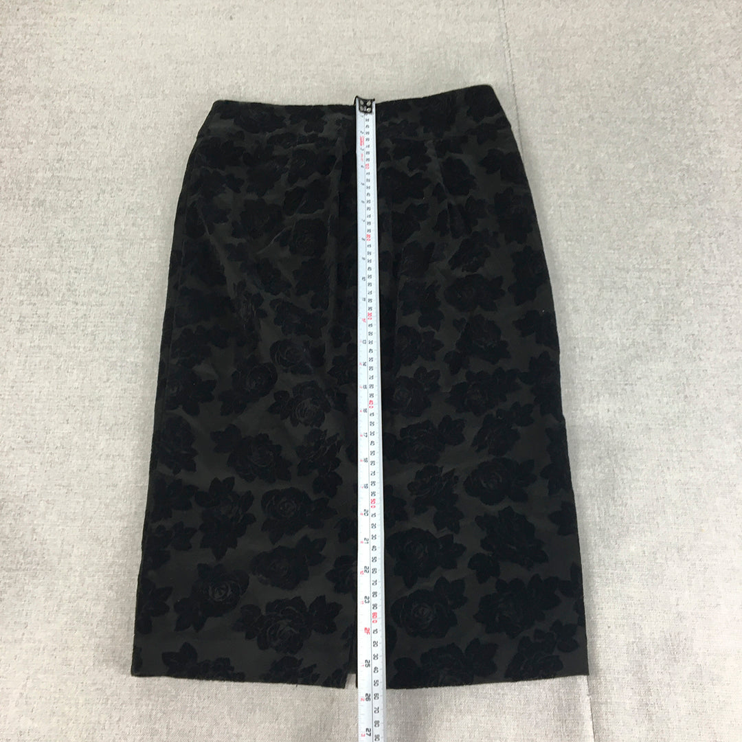 Review Womens Midi Skirt Size 6 Black Floral Straight