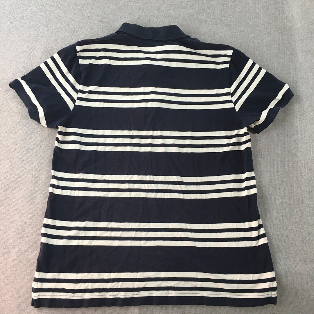 Giordano Mens Polo Shirt Size L Navy Blue White Striped Collared Rugby