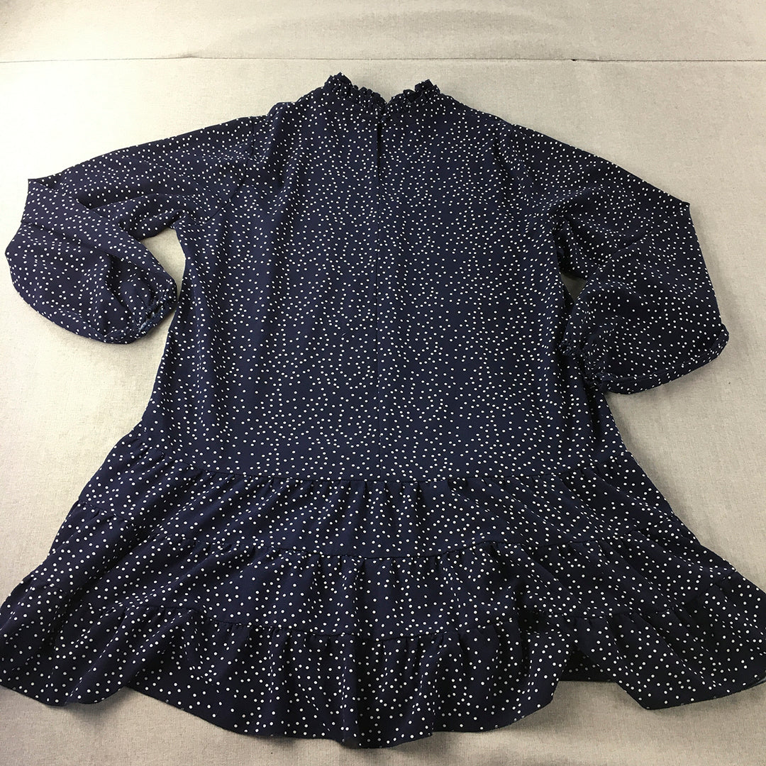 Atmos & Here Womens Mini Dress Size 16 Navy Blue Dot Long Sleeve Ruffled