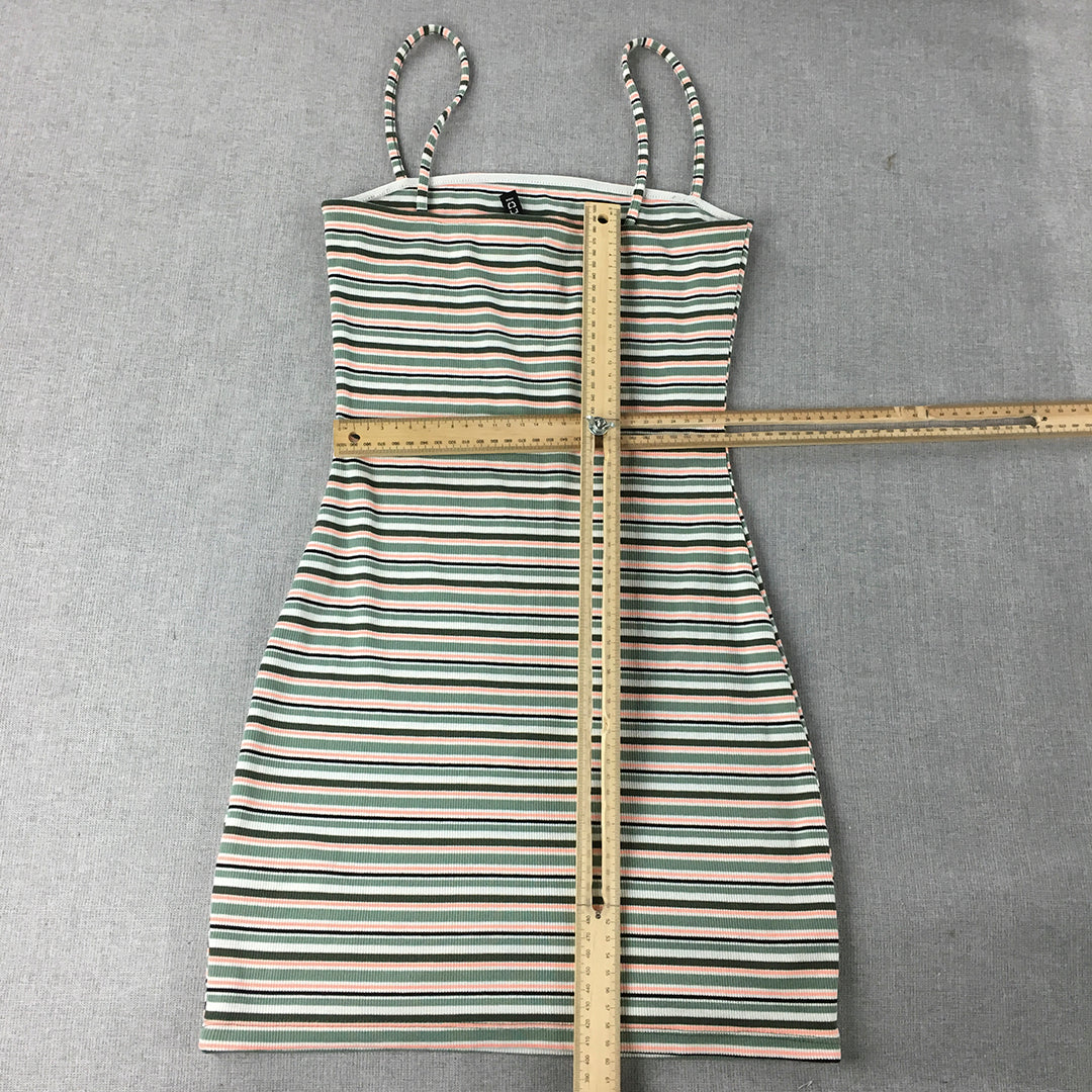 H&M Womens Bodycon Dress Size S Green Striped Stretch Knit Mini Spaghetti Strap