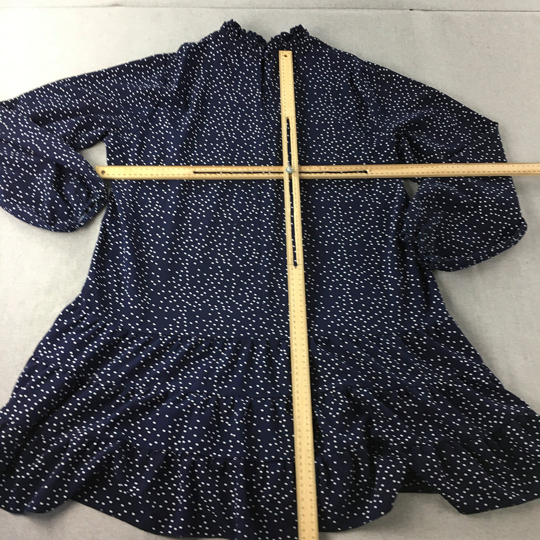 Atmos & Here Womens Mini Dress Size 16 Navy Blue Dot Long Sleeve Ruffled