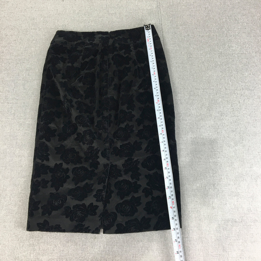 Review Womens Midi Skirt Size 6 Black Floral Straight