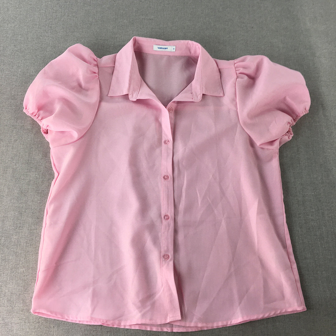 Valleygirl Womens Top Size 12 Pink Short Sleeve Button-Up Collared Shirt Blouse