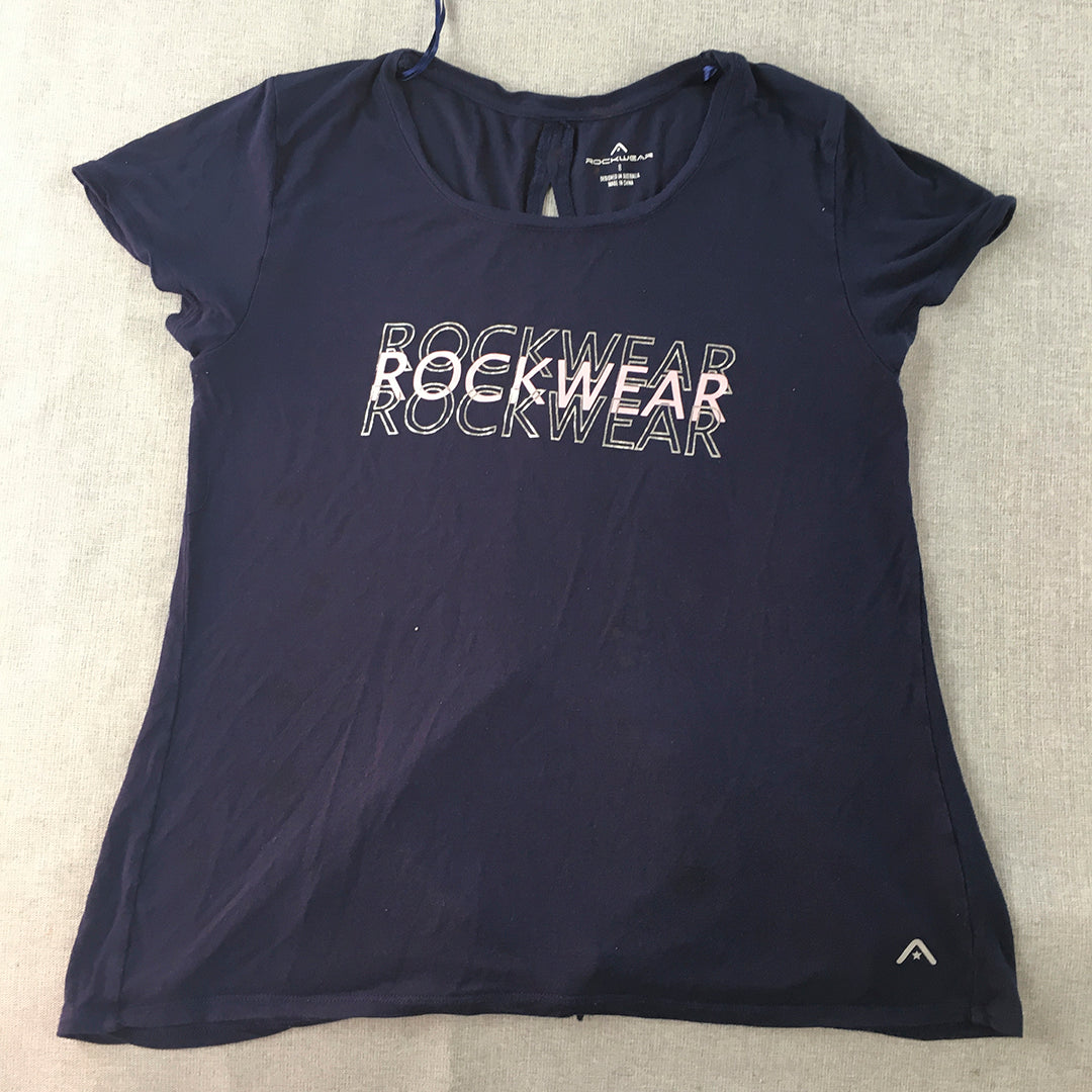 Rockwear Womens T-Shirt Size 8 Navy Blue Logo Crew Neck Short Sleeve Top