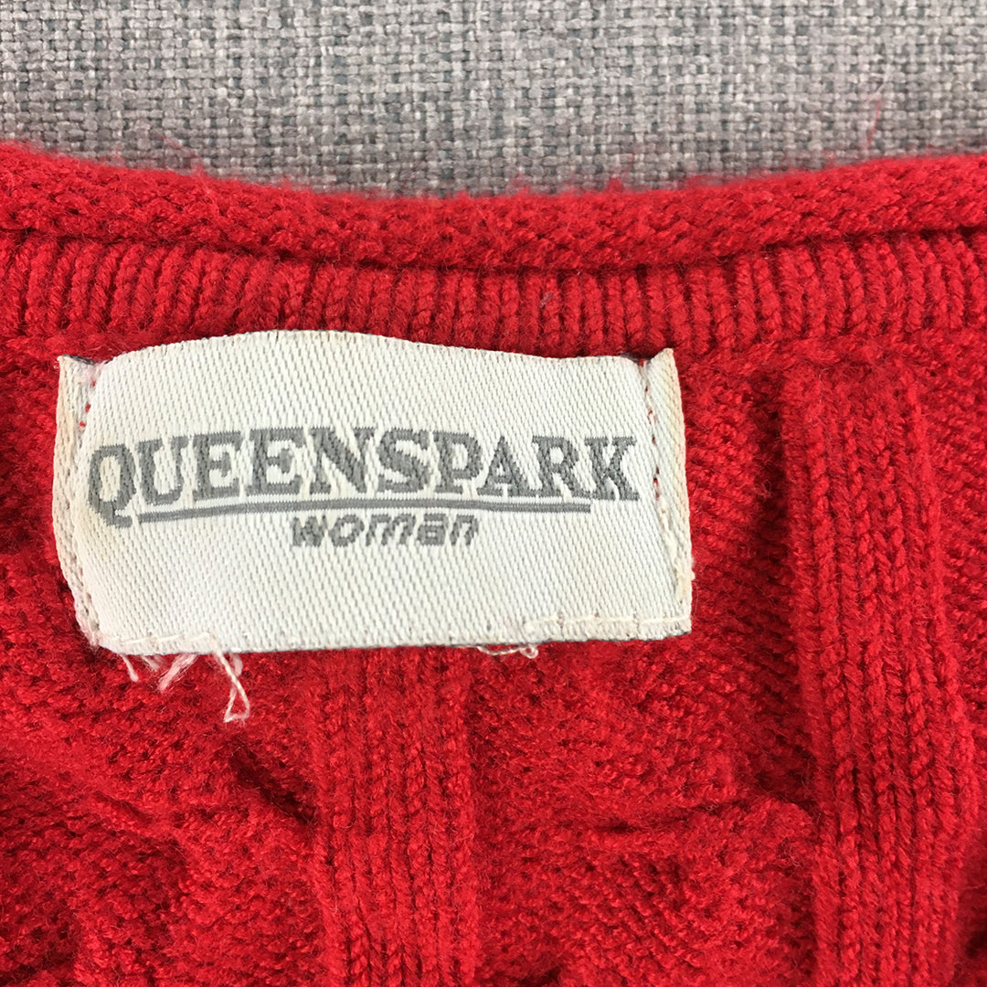 Queenspark Womens Cable Knit Sweater Size S Red V-Neck Jumper