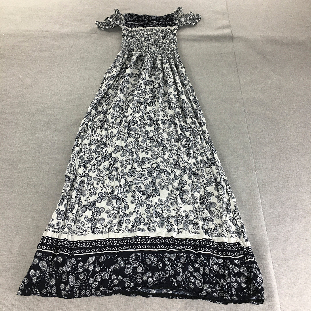 Malibu Womens Sundress Size 14 White Blue Paisley Floral Midi A-Line