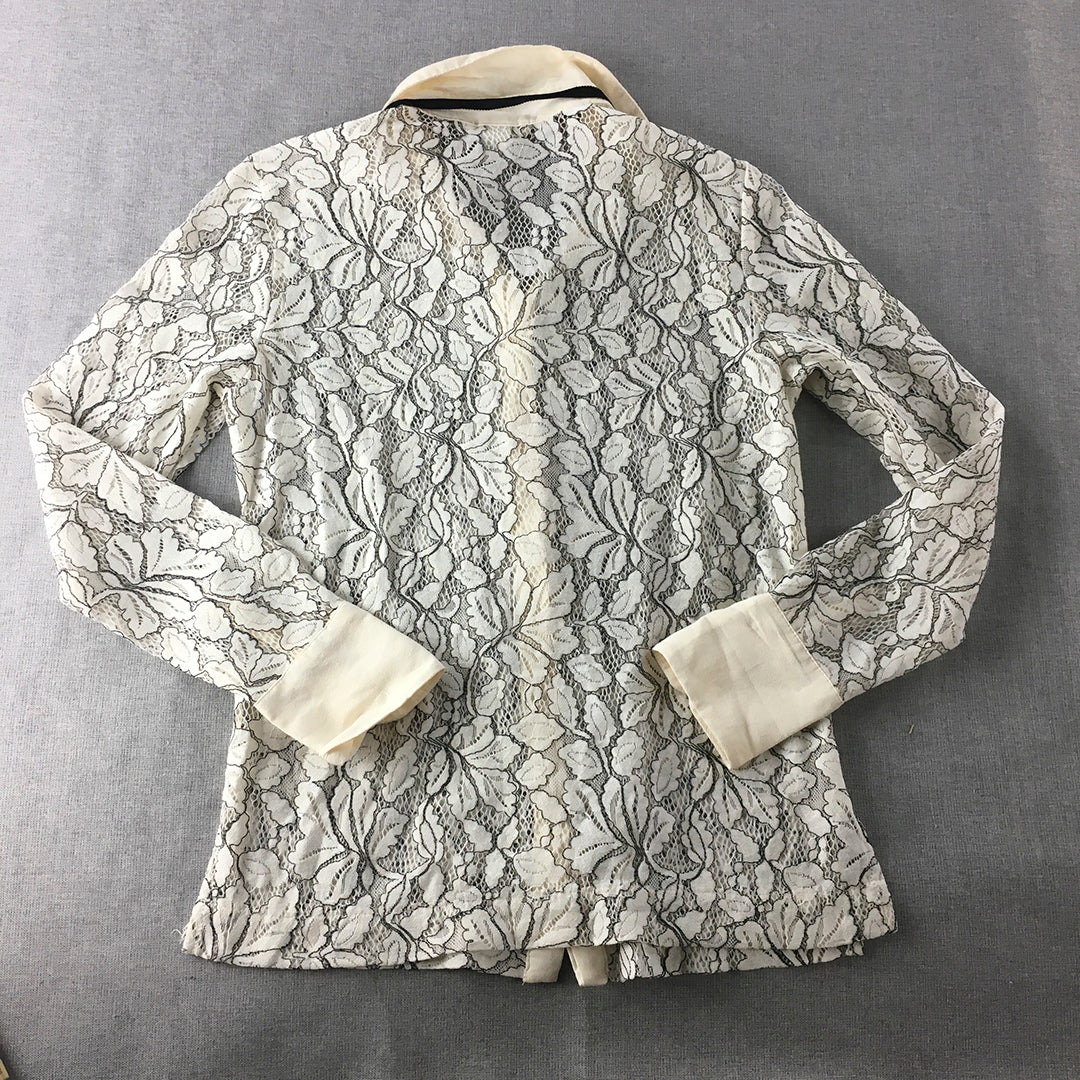 H&M Womens Shirt Size 6 White Floral Lace Long Sleeve Button-Up Top