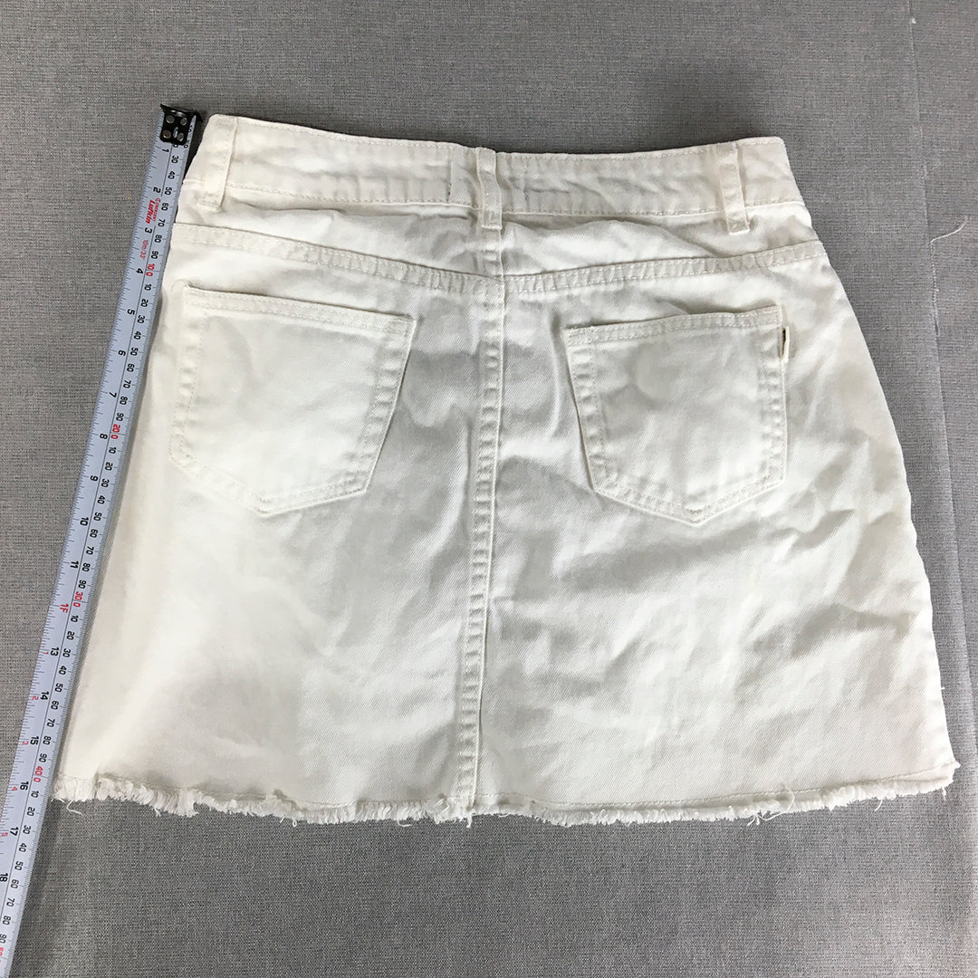 Ghanda Womens Denim Mini Skirt Size 10 White Raw Hem Pockets