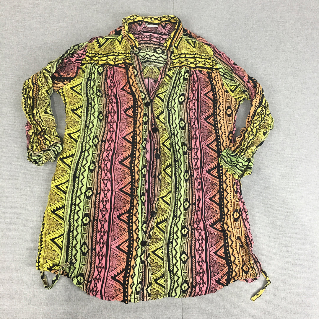 Vero Moda Womens Shirt Size L Pink Yellow Aztec Navajo Button-Up Long Sleeve