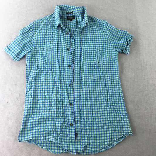 Oxford Mens Shirt Size M Slim Fit Blue Green Checkered Button-Up Short Sleeve