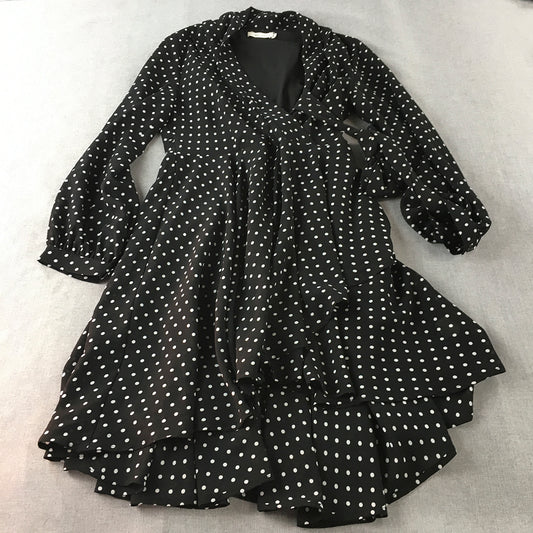 Slide Show Womens Wrap Dress Size 10 Black Polka Dot Long Sleeve Tie-Up