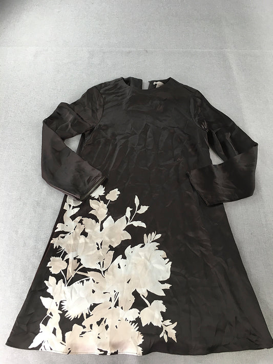 H&M Womens A-Line Dress Size S Brown Floral Long Sleeve Midi Satin