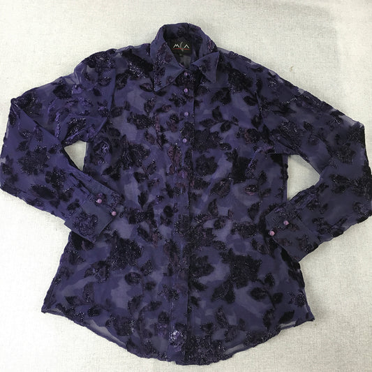 Vintage MGA Womens Shirt Size 8 Purple Floral Long Sleeve Button-Up Blouse