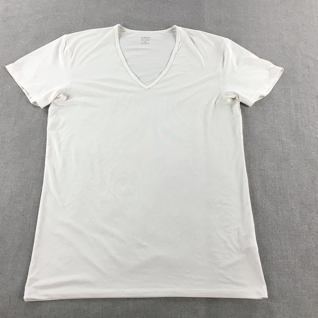 Uniqlo AIRism Mens T-Shirt Size M V-Neck Short Sleeve Tee White