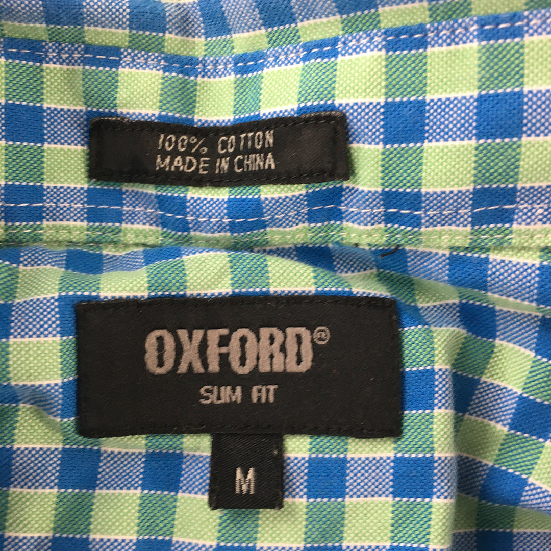 Oxford Mens Shirt Size M Slim Fit Blue Green Checkered Button-Up Short Sleeve