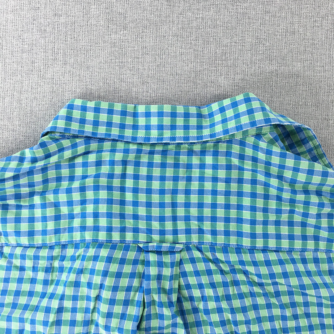 Oxford Mens Shirt Size M Slim Fit Blue Green Checkered Button-Up Short Sleeve