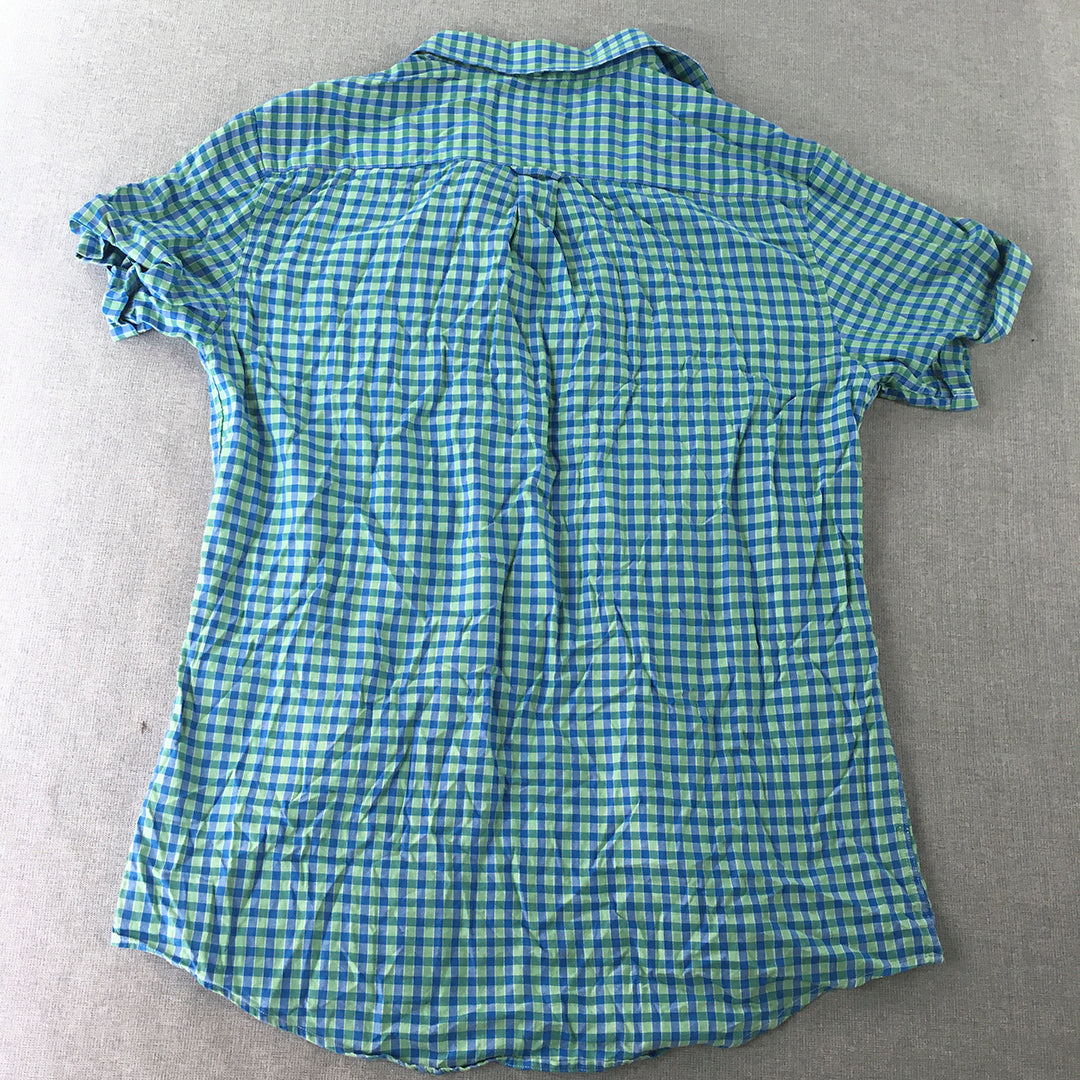 Oxford Mens Shirt Size M Slim Fit Blue Green Checkered Button-Up Short Sleeve