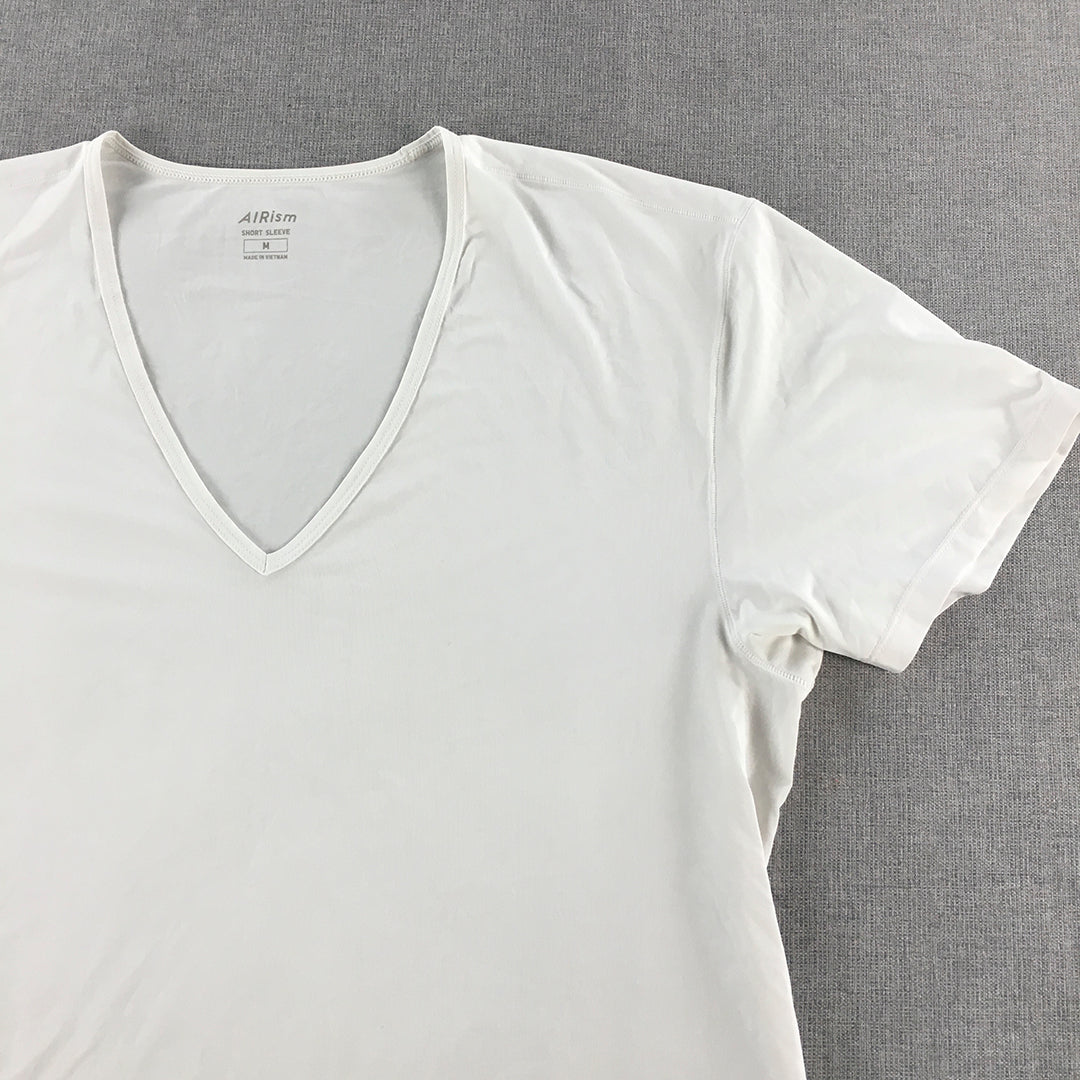 Uniqlo AIRism Mens T-Shirt Size M V-Neck Short Sleeve Tee White