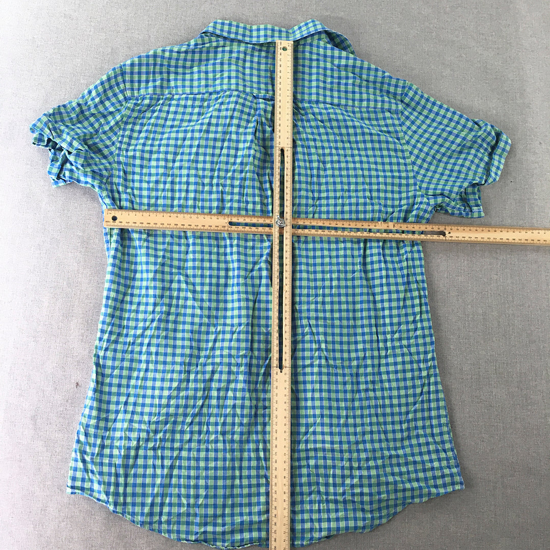 Oxford Mens Shirt Size M Slim Fit Blue Green Checkered Button-Up Short Sleeve