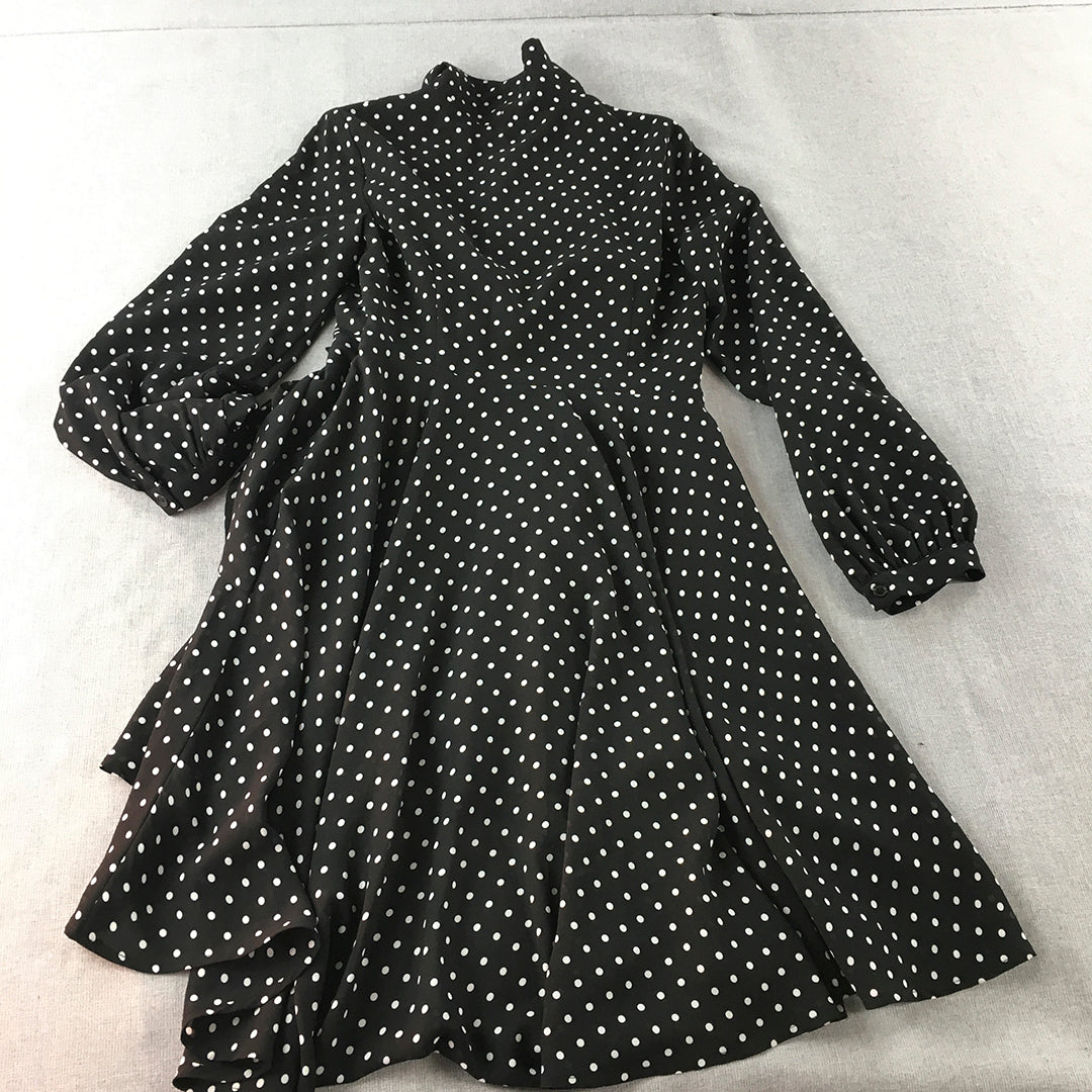 Slide Show Womens Wrap Dress Size 10 Black Polka Dot Long Sleeve Tie-Up