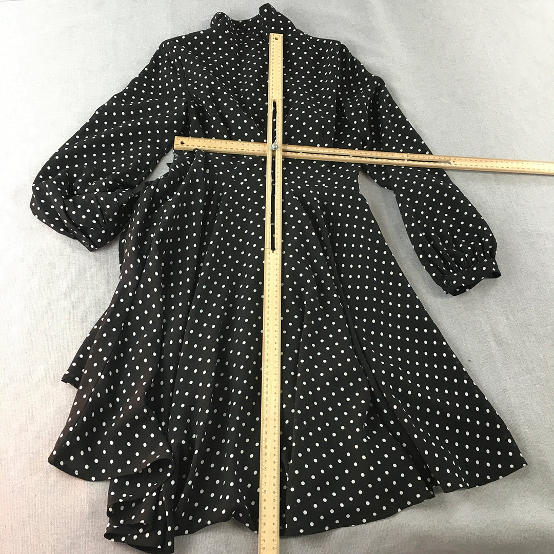 Slide Show Womens Wrap Dress Size 10 Black Polka Dot Long Sleeve Tie-Up