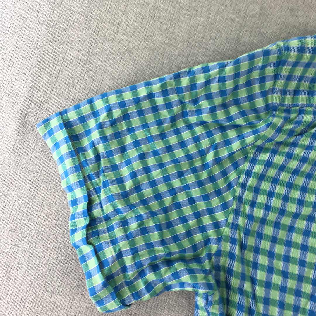 Oxford Mens Shirt Size M Slim Fit Blue Green Checkered Button-Up Short Sleeve