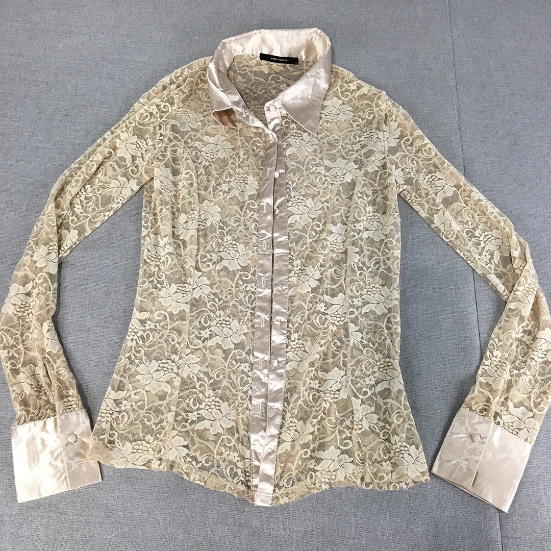 Vero Moda Womens Top Size L Brown Floral Lace Button-Up Long Sleeve Blouse