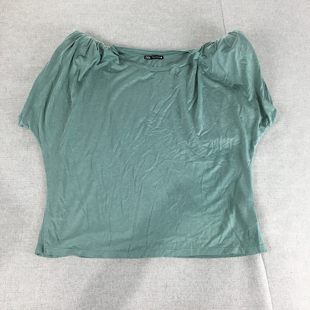 Zara Womens Top Size M Blue Short Ruched Sleeves Crew Neck Shirt