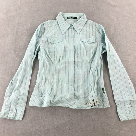 Point One Womens Shirt Size L Blue Striped Slim Fit Button-Up Long Sleeve