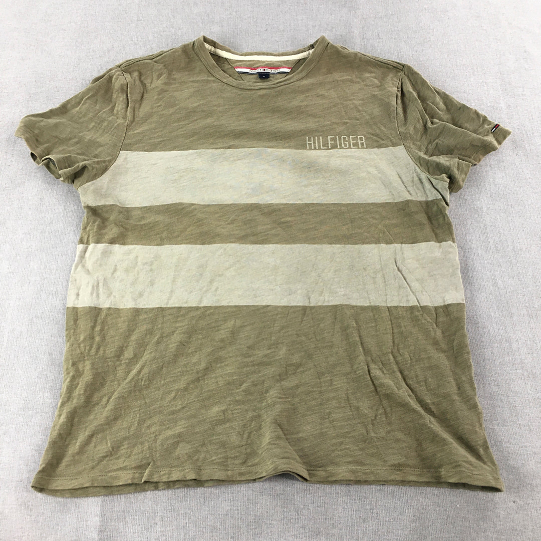 Tommy Hilfiger Mens T-Shirt Size M Khaki Green Striped Logo Short Sleeve