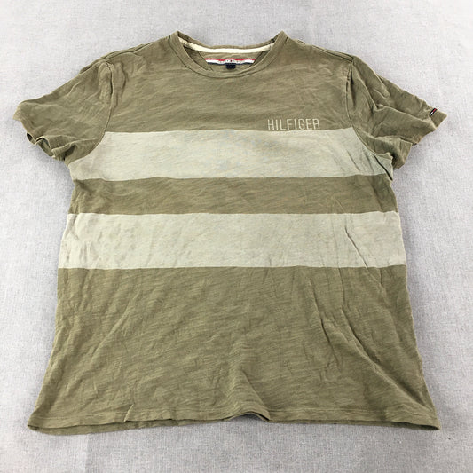 Tommy Hilfiger Mens T-Shirt Size M Khaki Green Striped Logo Short Sleeve