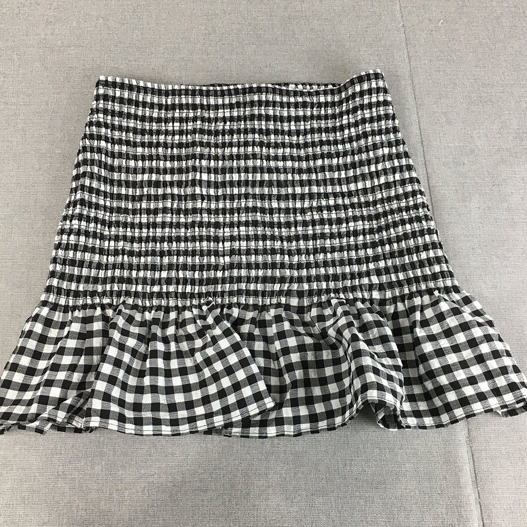 H&M Womens Mini Skirt Size S Black White Checkered Frilled Hem Stretch Fabric