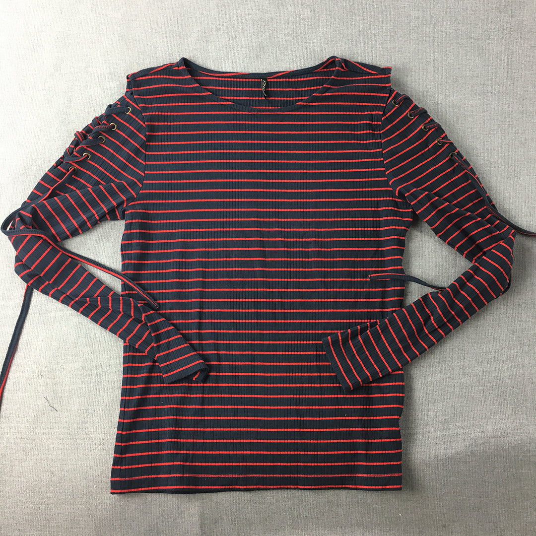 Only Womens Knit Top Size M Navy Blue Red Striped Long Sleeve Pullover Shirt