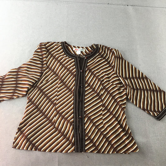 2U Designs Womens Top Size XL Brown Striped 3/4 Length Sleeves Button-Up