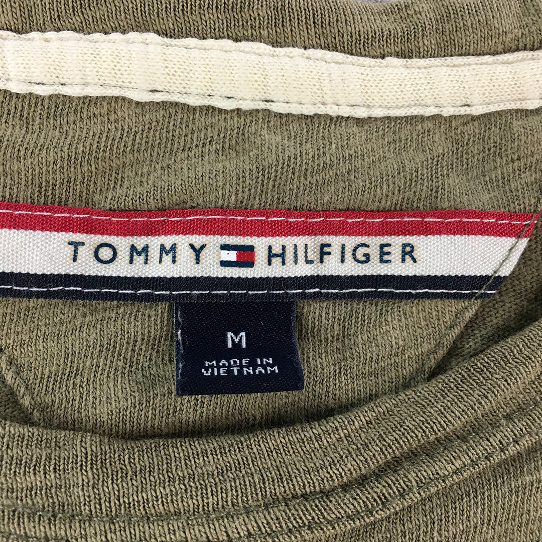 Tommy Hilfiger Mens T-Shirt Size M Khaki Green Striped Logo Short Sleeve