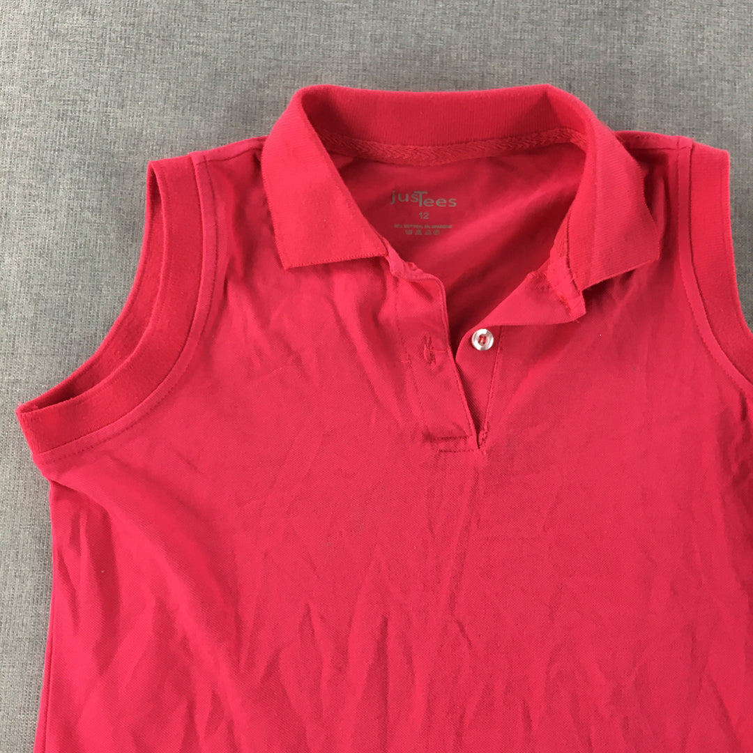 Justees Womens Polo Shirt Size 12 Hot Pink Sleeveless Collared Rugby Vest