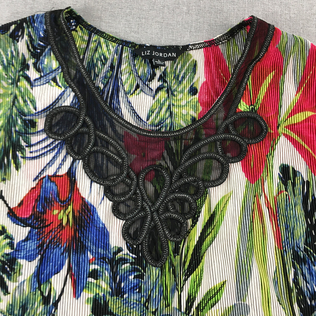 Liz Jordan Womens Top Size L White Green Red Floral Pleated Blouse