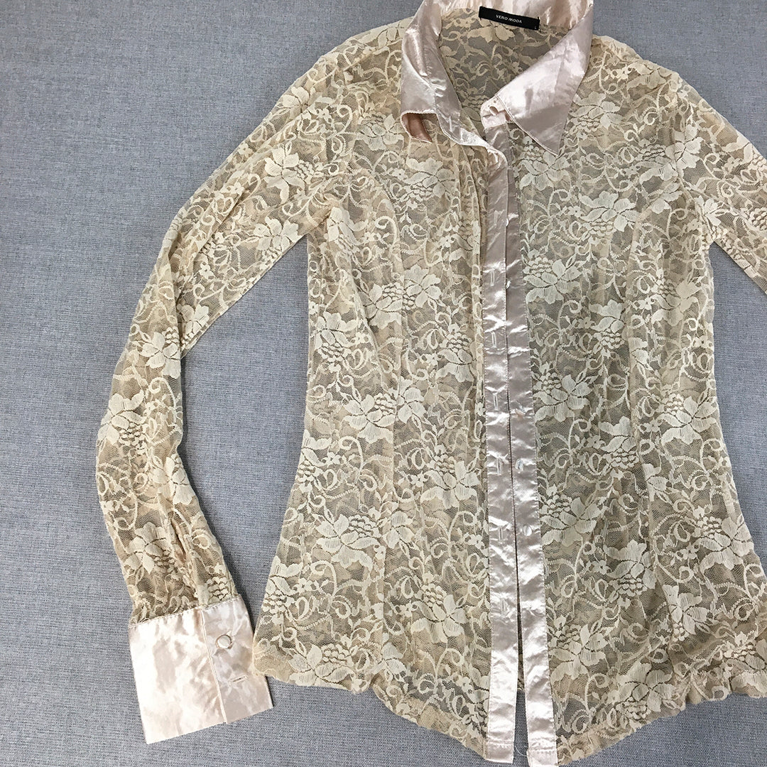 Vero Moda Womens Top Size L Brown Floral Lace Button-Up Long Sleeve Blouse