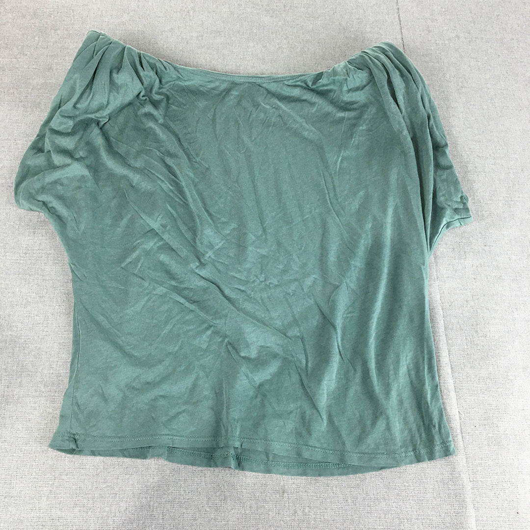 Zara Womens Top Size M Blue Short Ruched Sleeves Crew Neck Shirt