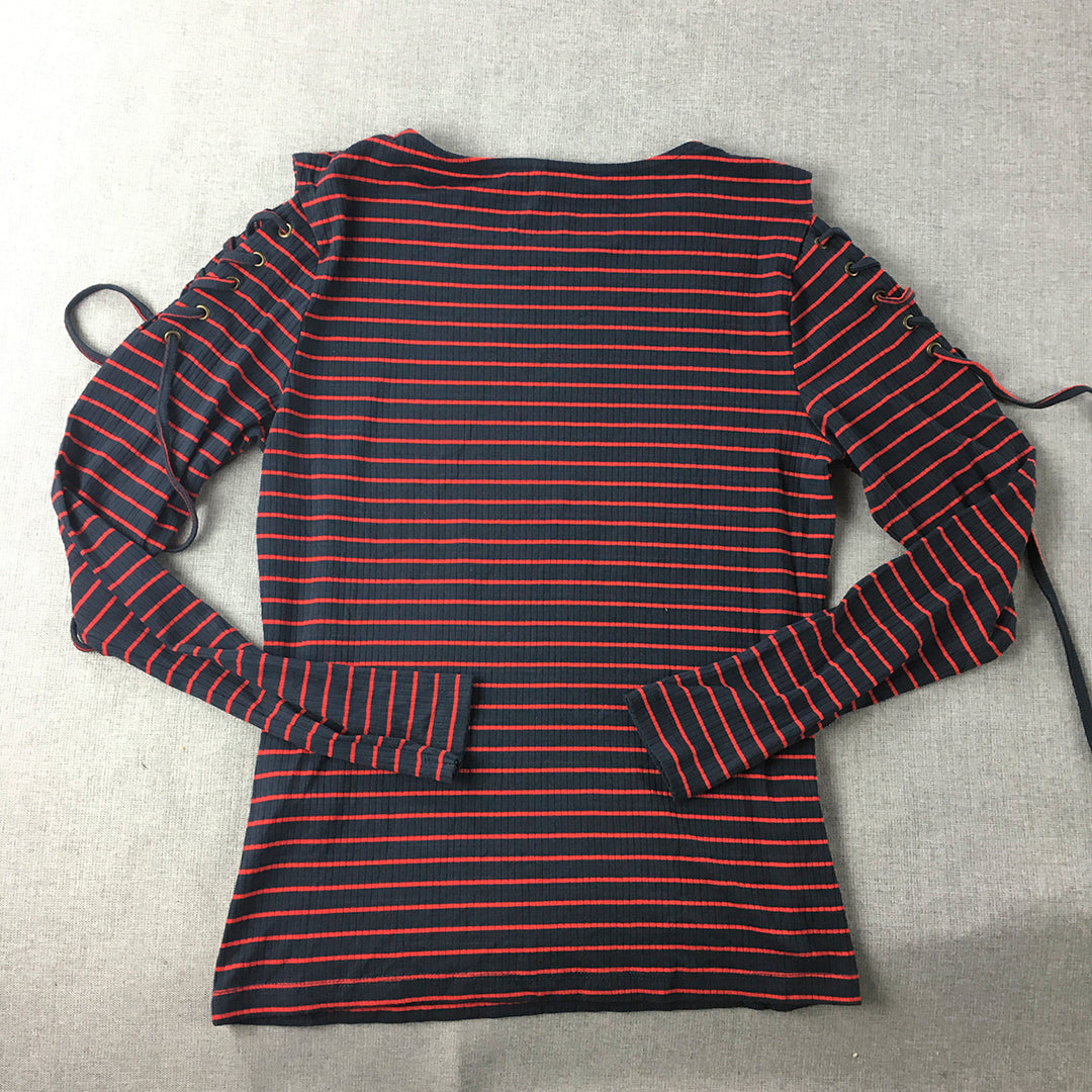 Only Womens Knit Top Size M Navy Blue Red Striped Long Sleeve Pullover Shirt