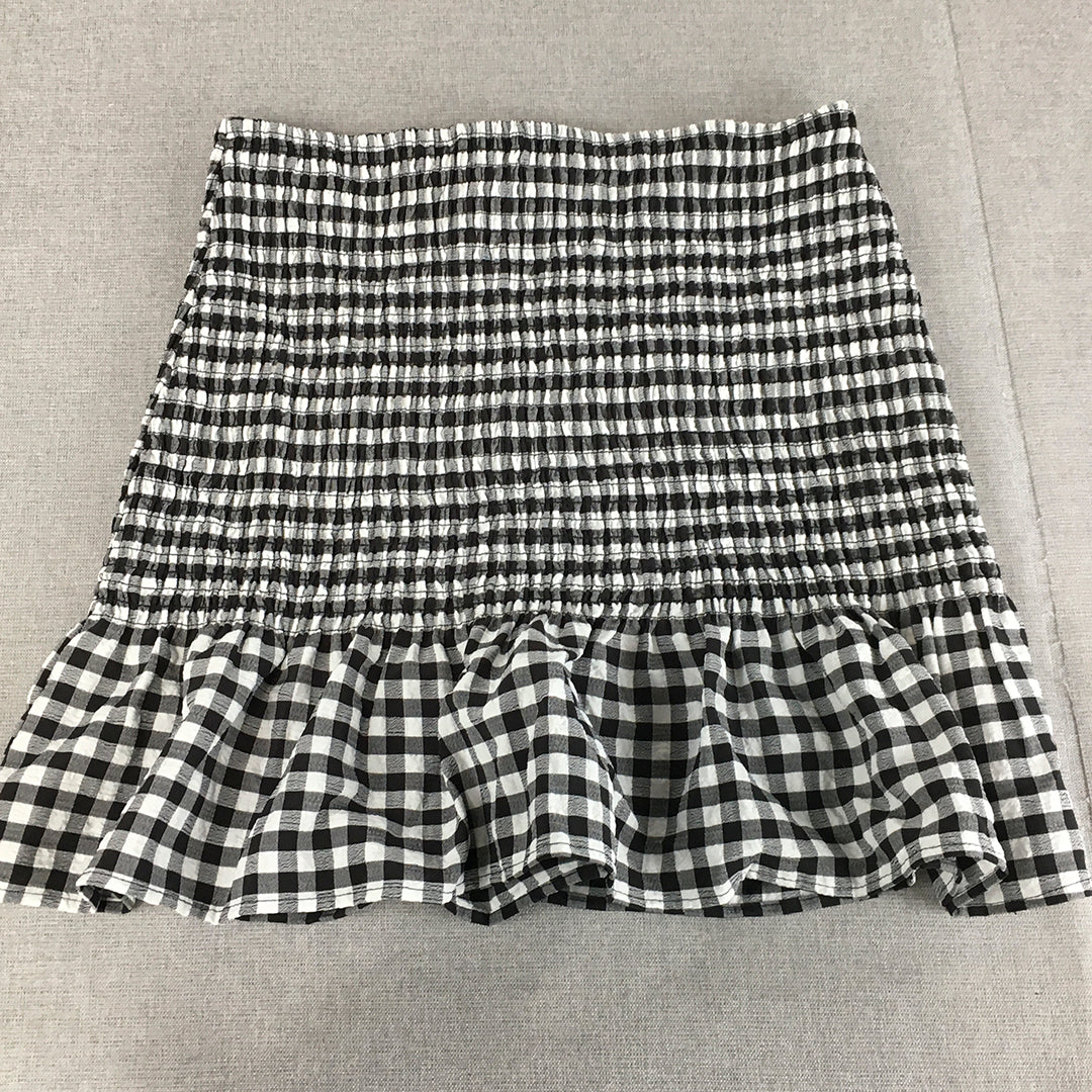 H&M Womens Mini Skirt Size S Black White Checkered Frilled Hem Stretch Fabric