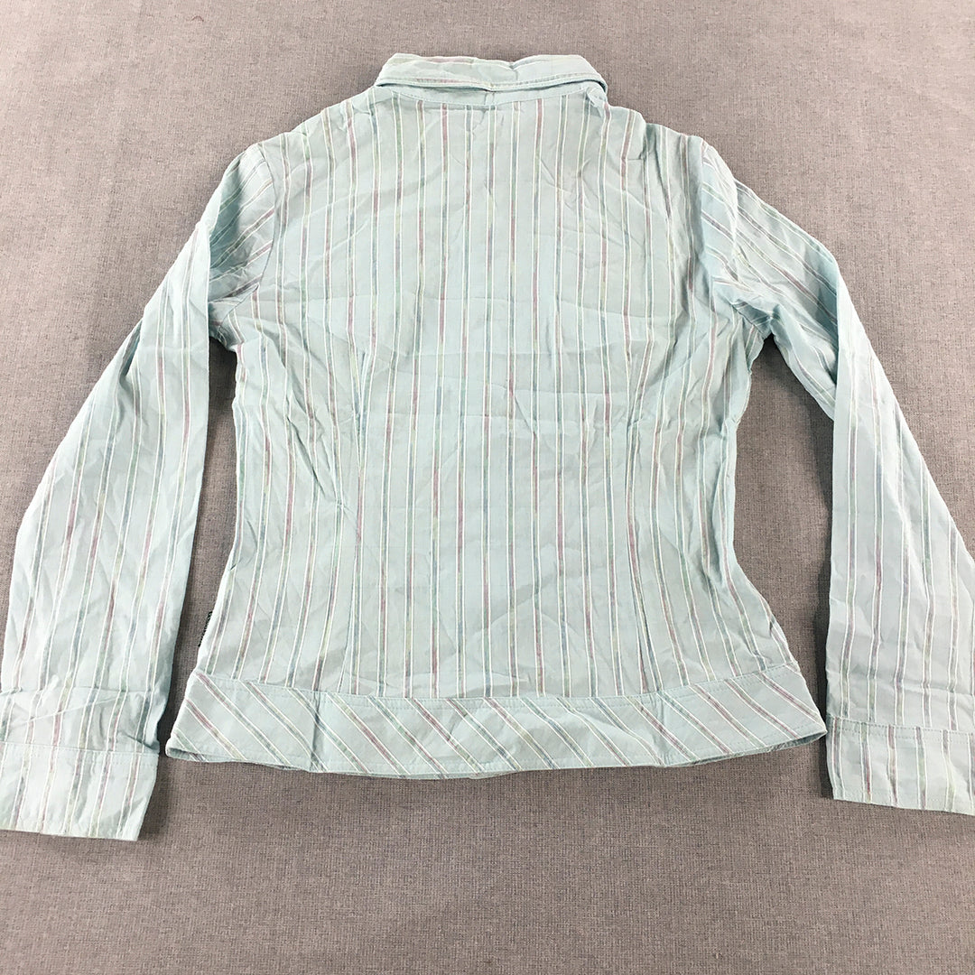 Point One Womens Shirt Size L Blue Striped Slim Fit Button-Up Long Sleeve